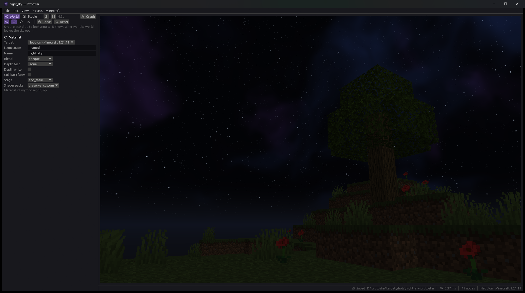 Night Sky preset in the Protostar preview